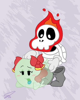 accessory blush bodily_fluids bone bow_(feature) bow_accessory bow_ribbon cum duo erection female fire genital_fluids genitals hair_accessory hair_bow hair_ribbon male male/female not_furry penis rib_cage ribbons sex skeleton translucent translucent_body psyredtails mario_bros nintendo paper_mario lady_bow animated_skeleton boo_(mario) dry_bones ghost scalie spirit undead