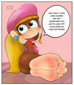 barefoot blonde_hair border brown_body clothing ear_piercing feet female foot_focus hair headgear headwear open_mouth piercing soles solo speech_bubble text toes white_border dummycervine donkey_kong_(series) nintendo dixie_kong haplorhine mammal monkey primate absurd_res english_text hi_res