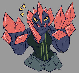 anthro bottomwear breasts claws clothed clothing eyes_closed female grey_background happy pants red_claws sharp_teeth shirt simple_background solo spikes spikes_(anatomy) teeth topwear mik3hawk nintendo pokemon elemental_creature generation_5_pokemon gigalith pokemon_(species) colored