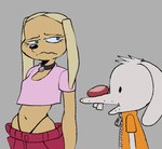 2024 bottomwear brandy_and_mr._whiskers brandy_harrington canid canine canis clothing digital_drawing_(artwork) digital_media_(artwork) disney domestic_dog draw_this_in_your_style duo female g0ni25 hi_res lagomorph leporid male male/female mammal meme mouth_closed mr._whiskers navel ogling orange_clothing pants pink_clothing pink_shirt pink_topwear rabbit shirt simple_background suit t-shirt thong_straps topwear