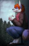 4_toes 5_fingers anthro barefoot black_nose bottomwear clothing coffee_mug container cup day detailed_background digitigrade feet fingers hair orange_hair outerwear outside pants peaceful plant purple_eyes smile snow snowing solo toes tranquil tree kero_tzuki canid canine fox mammal 2017