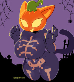 anthro big_breasts black_body breasts female food for_a_head fruit huge_breasts multicolored_body open_mouth open_smile plant pumpkin pumpkin_head smile solo two_tone_body wide_hips yellow_body quavernsfw epic_games fortnite spice_(fortnite) domestic_cat felid feline felis mammal object_head 2025 absurd_res hi_res