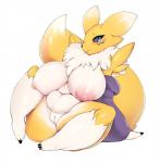 anthro areola bandai_namco belly big_breasts black_sclera blush breasts canid curvy_figure digimon digimon_(species) digital_media_(artwork) female fluffy fur genitals heart_eyes heart_symbol hi_res huge_breasts mammal neck_tuft nipples overweight overweight_anthro overweight_female puffy_areola pussy renamon simple_background slightly_chubby slugbox solo spread_legs spreading tuft voluptuous white_body white_fur yellow_body yellow_fur