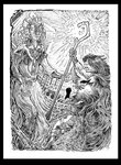 anthro biped black_border boots border bottomwear bracelet clothing detailed_background digitigrade elderly eyewear female footwear glasses group hair hatching holding_object holding_weapon jewelry long_hair looking_down looking_up male open_mouth robe shoes shorts standing weapon lachland-nightingale canid canine canis fox human mammal wolf hi_res monochrome pen_(artwork) traditional_media_(artwork)