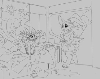 anthro apron bed bedding bite_mark blanket chest_tuft clothing cookie duo ear_markings eye_contact facial_markings feather_hair feather_in_mouth feather_markings feathered_tail feathered_wings feathers female food forehead_markings furniture head_markings looking_at_another male markings on_bed plate pseudo_hair sitting sitting_on_bed sitting_on_knees smile smiling_at_another speech_bubble spilled_drink tail tail_markings tail_motion tailwag torn_pillow tuft walk-in wings worried_look rukiiuu_(artist) braid_(k'braid) eili_(k'braid) avali monochrome sketch
