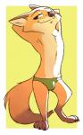 2017 5:8 absurd_res anthro border briefs bulge canid canine clothed clothing dipstick_tail disney fox fuel_(artist) half-closed_eyes hands_behind_head hi_res leg_markings male mammal markings multicolored_tail narrowed_eyes nick_wilde red_fox simple_background smile socks_(marking) solo standing tail tail_markings topless true_fox underwear white_border yellow_background zootopia
