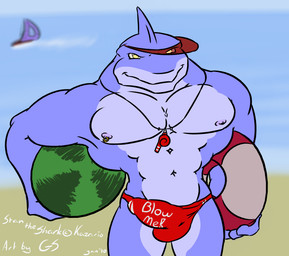 abs anthro ball beach beach_ball biceps big_muscles biped bulge clothed clothing detailed_bulge fin food fruit genital_outline grin inflatable life_preserver lifeguard looking_at_viewer male melon muscular muscular_anthro muscular_male nipple_piercing nipples non-mammal_nipples outside penis_outline piercing plant seaside skimpy smile solo speedo standing swimwear text text_on_clothing text_on_swimwear watermelon watermelon_beach_ball yellow_eyes glaciersnow aquatic fish great_white_shark mackerel_shark shark white_shark