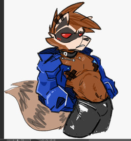 anthro brown_body brown_fur bulge clothed clothing collar fur jacket male navel nipple_tape pasties red_eyes shirtless_anthro shirtless_male skimpy solo tape topwear quillsucks guardians_of_the_galaxy marvel rocket_raccoon mammal procyonid raccoon