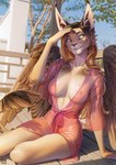 anthro breasts brown_body brown_eyes brown_feathers brown_hair clothed clothing feathered_wings feathers female fur hair nipples outside robe robe_only shading_eyes sitting slim smile solo tail translucent translucent_clothing wings wildering mythology avian felid feline gryphon hybrid mammal mythological_avian mythological_creature 2023 digital_media_(artwork) hi_res