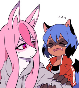 5_fingers >_< anthro arm_grab black_body black_ears black_fur black_nose blue_body blue_fur bodily_fluids brown_body brown_fur claws clothed clothing crying cute_fangs dipstick_ears dipstick_tail duo ear_markings eyes_closed fangs female female/female female_anthro fingers flying_sweatdrops fur grey_clothing hair hoodie jacket kemono long_hair looking_at_another markings multicolored_ears multicolored_tail open_mouth pink_body pink_ears pink_fur pink_hair red_clothing red_eyes short_hair simple_background sweat sweatdrop tail tail_markings tears teeth topwear white_background white_body white_fur h0y0n brand_new_animal studio_trigger michiru_kagemori nazuna_hiwatashi canid canine fox mammal raccoon_dog tanuki 2020 digital_media_(artwork)