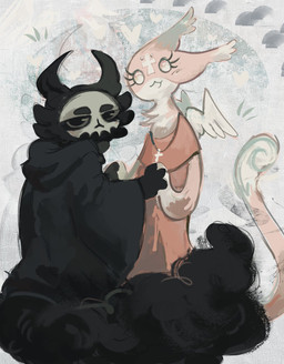 :3 abstract_background ambiguous_anthro ambiguous_gender anthro anthrofied big_tail biped black_body black_clothing black_ears black_eyes black_fur black_robe black_tail cheek_tuft chest_tuft clothed clothed_anthro clothing cross dipstick_ears dipstick_tail duo ear_markings ear_tuft eyelashes facial_markings facial_tuft feathered_wings feathers fluffy fluffy_tail forehead_markings fully_clothed fully_clothed_anthro fur hand_holding head_markings heart_symbol hearts_around_head looking_at_viewer looking_back looking_back_at_viewer markings mask_(marking) multicolored_body multicolored_ears multicolored_fur multicolored_tail pink_body pink_ears pink_fur pink_tail robe small_wings standing tail tail_markings three-quarter_view tuft two_tone_body two_tone_fur two_tone_tail white_body white_ear_tips white_eyes white_fur white_tail white_tail_tip wings schmingo mewgenics marshmallow_(mewgenics) morana_(mewgenics) domestic_cat felid feline felis mammal 2026 colored digital_media_(artwork) half-length_portrait hi_res portrait shaded female_(lore)