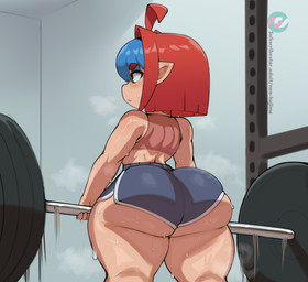 athletic_wear barbell big_butt bodily_fluids bottomwear butt clothing crop_top deadlift dolphin_shorts exercise female gym_bottomwear gym_shorts hair huge_butt humanoid_pointy_ears not_furry pear-shaped_figure pointy_ears rear_view red_hair shirt shorts shortstack shortstack_female solo sweat thick_thighs topwear weightlifting wide_hips workout neo_hajime humanoid 2023 absurd_res hi_res