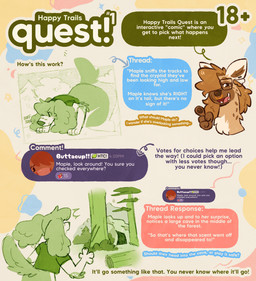anthro dialogue female forest hair hair_over_eye plant sniffing text tracking tree puppeypawbs maple_(puppeypawbs) plum_(puppeypawbs) bird_dog canid canine canis domestic_dog hunting_dog hyena mammal spaniel spotted_hyena 2026 comic english_text hi_res