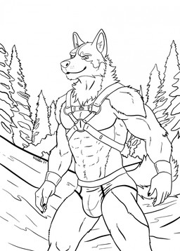 anthro black_text briefs bulge claws clothed clothing harness male muscular muscular_male pantsless pantsless_anthro pantsless_male plant solo tail text tree underwear wielder13 canid canine canis domestic_dog husky mammal nordic_sled_dog spitz 2024 black_and_white hi_res monochrome signature