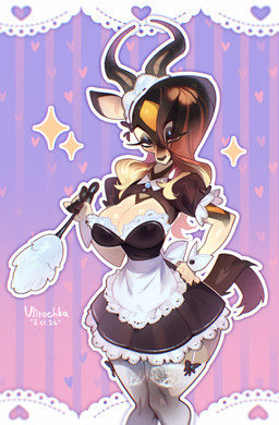 anthro bedroom_eyes blush blush_lines blushing_at_viewer bottomwear bow_ribbon breasts butt cleavage clothed clothed_anthro clothed_female clothing collar eye_through_hair eyelashes female female_anthro fingers front_view fur glistening hair hand_on_hip heart_symbol holding_object hooved_fingers hooves horn humanoid_hands lace lace_stockings legwear long_eyelashes long_hair looking_at_viewer maid_headdress maid_uniform mature_anthro mature_female multicolored_body multicolored_fur narrowed_eyes outline pose puffy_sleeves pupils seductive skirt slim slim_anthro slim_female small_waist solo sparkles standing stockings tail tan_body tan_fur text thick_thighs translucent translucent_hair uniform wide_hipped_anthro wide_hipped_female wide_hips ulitochka zahra_(airheart) antelope bovid gazelle mammal 2026 artist_name colored dated digital_drawing_(artwork) digital_media_(artwork) english_description hi_res pinup portrait shaded three-quarter_portrait watermark