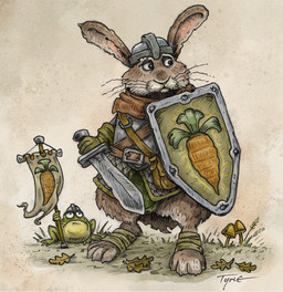 anthro armor biped brown_body carrot clothed clothing duo flag food fungus green_body headgear helmet melee_weapon mushroom plant shield standing sword vegetable weapon worried tyrie amphibian frog lagomorph leporid mammal rabbit 2025