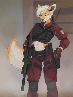 anthro athletic bedroom_eyes black_nose blue_eyes clothing costume female fluffy fluffy_tail gun handgun headgear looking_at_viewer machine military multicolored_body narrowed_eyes pistol ranged_weapon seductive small_waist soldier solo tail two_tone_body warrior weapon white_body yellow_body ansart android canid canine fox mammal robot robot_anthro 3:4 absurd_res hi_res