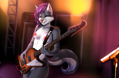 amplifier anthro bass_guitar black_body black_fur breasts eyes_closed facial_piercing female fur genitals guitar guitar_strap hair lightning_bolt musical_instrument nipples nose_piercing nose_ring nude piercing playing_music plucked_string_instrument purple_hair ring_piercing septum_piercing sharp_teeth smile solo stage stage_curtains stage_lights string_instrument tasteful_nudity teeth vulva white_body white_fur jojo218 kijuro canid canine canis mammal wolf absurd_res digital_media_(artwork) hi_res