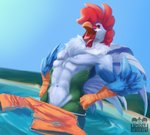 anthro athletic avian avian_caruncle beak bird chest_tuft chicken clothing convenient_censorship dewlap_(anatomy) eyewear feathers galliform gallus_(genus) glasses legs_in_water male muscular muscular_male nude open_mouth outside partially_submerged phasianid solo speccychicken submerged_legs swimwear tuft water wattle wet