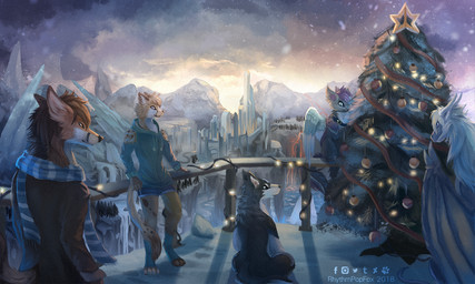 amazing_background anthro black_body black_fur brown_hair building christmas_tree clothed clothing cloud detailed_background detailed_fur feathered_wings feathers fur group hair holidays jacket light lights male membrane_(anatomy) membranous_wings orange_body orange_fur ornament plant scarf scenery shadow sky snow tail topwear tree white_body white_fur wings rhythmpopfox christmas mythology canid canine canis cheetah domestic_dog dragon felid feline fox furred_dragon furred_scalie husky mammal mythological_creature mythological_scalie nordic_sled_dog scalie spitz 2018 5:3 detailed