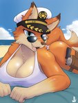 anthro arm_tuft beach beach_towel big_breasts blue_eyes breast_rest breasts brown_nose butt cheek_tuft chest_tuft cleavage clothed clothing cloud dipstick_ears dipstick_tail ear_markings eyewear facial_tuft female fur gun handgun hat headgear headwear holster holstered_pistol inner_ear_fluff looking_at_viewer lying markings multicolored_body multicolored_ears multicolored_fur naval_uniform navy_hat one-piece_swimsuit open_mouth orange_body orange_fur outside pistol ranged_weapon revolver seaside shoulder_tuft solo sunglasses swimwear tail tail_markings thigh_holster towel tuft two_tone_body two_tone_fur uniform weapon white_clothing conditional_dnp whitev canid canine fox mammal 2022 3:4 digital_drawing_(artwork) digital_media_(artwork) hi_res shaded signature soft_shading