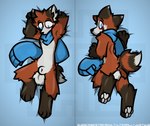 absurd_res ailurid animal_genitalia anthro backsack balls blue_eyes blush brown_body brown_fur canid canine dakimakura dakimakura_design fluffy fluffy_tail fox fur genitals hand_behind_head hi_res hybrid looking_at_viewer looking_back looking_back_at_viewer lying male mammal mostly_nude on_back on_front pawpads red_body red_fur red_panda scarf sheath signature solo tail text url watermark white_body white_fur wub_(artist)