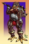 anthro armor biped breasts bulge claws detailed_bulge feathers genital_outline gynomorph gynomorph_anthro intersex intersex_anthro muscular overweight overweight_gynomorph overweight_intersex penis_outline solo toe_claws weapon korncob atlyss avian bird galliform phasianid turkey 2:3 absurd_res hi_res