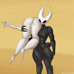 anthro big_butt black_body black_eyes black_head blue_vulva bone breasts butt butt_grab duo featureless_breasts female female/female genitals gesture hand_gesture hand_on_butt mask medium_breasts middle_finger muscular skull tail vulva white_body white_eyes white_head white_mask yellow_vulva dehromansfw hollow_knight:_silksong hollow_knight_(franchise) team_cherry hornet_(hollow_knight) lace_(hollow_knight:_silksong) arthropod insect 1:1 absurd_res hi_res shaded