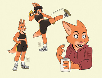 4_fingers anthro athletic athletic_female athletic_wear biped bottomwear bra claws clothed clothed_anthro clothed_female clothing coffee_mug countershade_face countershade_hands countershade_neck countershading eyebrow_piercing eyebrows eyelashes facial_piercing female fingerless_gloves fingers fist footwear fully_clothed fully_clothed_anthro fully_clothed_female fur gesture gloves gym_bottomwear gym_shorts hand_gesture hand_on_hip handwear headgear hoodie kick kickboxing looking_at_viewer mma_gloves official_alternate_costume orange_body orange_fur piercing pointing pointing_at_self protective_gear raised_eyebrow shoes shorts simple_background slim sneakers snout solo sports_bra standing tail text toony topwear underwear wide_hips angelofalls conditional_dnp dreamworks the_bad_guys diane_foxington canid canine fox mammal red_fox true_fox 2025 artist_name dated digital_drawing_(artwork) digital_media_(artwork) sketch_page
