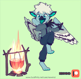 anthro bonfire chibi cooking_pot male scared solo wings rexwind avian bird digital_media_(artwork)