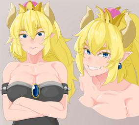 blue_eyes clothing crown ear_piercing ear_ring female headgear horn looking_at_viewer piercing ring_piercing smile solo super_crown tsurugi_muda bowsette_meme mario_bros nintendo bowser animal_humanoid humanoid koopa_humanoid scalie scalie_humanoid 2018 meme