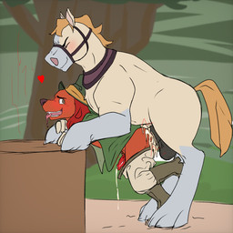 anal anal_penetration animal_genitalia animal_penis anthro anthro_on_feral anthro_penetrated balls bent_over bent_over_surface bestiality blush bodily_fluids boots bottomwear brown_boots brown_clothing brown_footwear butt canine_genitalia canine_penis clothed clothing cum cum_dripping_from_penis cum_inside cum_on_butt cum_on_clothing cum_on_pants cum_overflow cum_while_penetrated drooling duo ejaculation equine_genitalia equine_penis erection eyes_closed feral feral_penetrating feral_penetrating_anthro footwear forest forest_background from_behind_position fur genital_fluids genitals green_clothing green_hat green_headwear green_jacket green_shirt green_topwear grey_balls hat headgear headwear heart_symbol holding_wrist interspecies jacket large_penetration looking_back male male/male male_penetrated male_penetrating male_penetrating_male mounting nature nature_background orange_body orange_fur pants partially_clothed penetration penile penile_penetration penis plant red_penis saliva sex shirt shoes size_difference smile tail tan_body tan_bottomwear tan_clothing tan_fur tan_pants tongue tongue_out topwear tree tree_stump yellow_tail ohno_(artist) mary_poppins_returns clyde_(mary_poppins_returns) shamus_(mary_poppins_returns) canid canine canis domestic_dog equid equine horse mammal pony