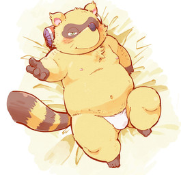 anthro asian_clothing bed belly blush bulge clothing east_asian_clothing fundoshi furniture green_eyes humanoid_hands japanese_clothing male moobs navel nipples overweight overweight_anthro overweight_male solo underwear garouzuki sengoku_puzzle tokugawa_ieyasu canid canine mammal raccoon_dog tanuki 2015