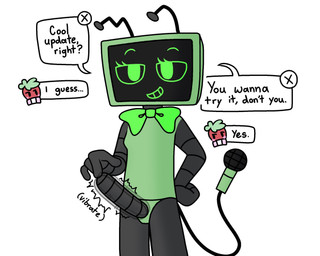 anthro dialogue duo duo_focus duo_in_panel food fruit group machine male plant speech_bubble talking_to_viewer text just_squidding blushcrunch_studio dandy's_world roblox sprout_(dandy's_world) vee_(dandy's_world) elemental_creature flora_fauna food_creature living_fruit robot hi_res