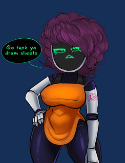 breasts clothed clothing dialogue dress female hair hand_on_hip looking_aside machine nipple_outline not_furry orange_clothing orange_dress purple_hair screen screen_face simple_background solo text transparent_background wide_hips linorgoldenfish chaz_dono_and_friends maase humanoid robot robot_humanoid 2021 absurd_res alpha_channel english_text hi_res portrait three-quarter_portrait