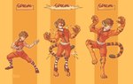 4_toes 5_fingers anthro biceps biped brown_eyes brown_hair brown_pawpads claws clothed clothing cute_fangs fangs feet female finger_claws fingers fur grin growth hair human_to_anthro markings muscle_growth muscular muscular_anthro muscular_female on_one_leg orange_background orange_body orange_fur outline pawpads red_clothing simple_background smile solo species_transformation standing striped_body striped_fur striped_markings striped_tail stripes tail tail_markings teeth text toes torn_shoes transformation hukeng felid human mammal pantherine tiger 2025 digital_drawing_(artwork) digital_media_(artwork) english_description english_text