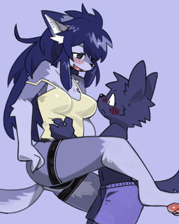 anthro arm_tuft biped black_eyes blue_background blue_hair blush bottomwear breasts cheek_tuft chest_tuft clothed clothed_anthro clothed_female clothed_male clothing dipstick_ears dog_tail duo ear_markings elbow_tuft facial_tuft female garter_straps gloves_(marking) hair half-closed_eyes head_tuft leg_markings male markings medium_breasts multicolored_ears narrowed_eyes partially_clothed plantigrade shorts side_view simple_background slim slim_anthro slim_female slim_male socks_(marking) topless topless_anthro topless_male topwear tuft yellow_clothing yellow_topwear pizademokttero nifram_logan canid canine canis mammal wolf 2023 4:5 absurd_res cel_shading digital_drawing_(artwork) digital_media_(artwork) hi_res shaded