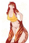 anthro bottomless bottomless_anthro bottomless_female breasts cleavage clothed clothing female fur genitals hair looking_at_viewer markings mole_(marking) partially_clothed pose pussy red_hair shirt simple_background smile solo standing stripes tail topwear creativeevil eevi_(creativeevil) felid mammal pantherine tiger detailed digital_drawing_(artwork) digital_media_(artwork) hi_res