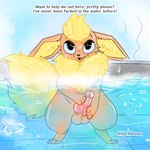 1:1 2022 absurd_res animal_genitalia animal_penis anthro archived_source balls big_tail black_blush black_eyes black_nose blonde_hair blush blush_lines canine_genitalia canine_penis dialogue ears_down eeveelution fiyr fiyrflareon flareon fluffy fluffy_tail fur generation_1_pokemon genitals hair hand_on_knot hand_on_penis heart_eyes heart_symbol hi_res knot looking_at_viewer male masturbation neck_tuft nintendo open_mouth orange_body orange_fur partially_submerged penis pivoted_ears pokemon pokemon_(species) pool requesting solo standing tail talking_to_viewer tuft water watermark yellow_tail