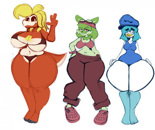 anthro barefoot beak big_breasts bikini breasts clothed clothing eyewear eyewear_on_head feet female fingers footwear fur goggles goggles_on_head green_body group hair hat headgear headwear huge_breasts navel red_body simple_background smile swimwear tail thick_thighs trio two-piece_swimsuit white_background white_body wide_hips kiss_the_carrot crocs nintendo pokemon camilla_(kiss_the_carrot) patricia_(kiss_the_carrot) zara_(kiss_the_carrot) avian felid feline fuecoco generation_9_pokemon mammal pokemon_(species) quaxly scalie sprigatito digital_media_(artwork) hi_res