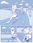 2020 aged_up amy_rose anthro athletic_wear bench big_breasts biped blaze_the_cat bleachers blue_and_white blue_background bottomwear bouncing_breasts breasts butt canid canine clothed clothing cloud comic cream_the_rabbit digital_media_(artwork) domestic_cat english_text eulipotyphlan felid feline felis female fingers footwear fox fur group hair hedgehog hi_res lagomorph legwear leporid loshon male mammal membrane_(anatomy) membranous_wings miles_prower monochrome outside rabbit rouge_the_bat running sega shirt shoes shorts simple_background sitting sky smile sneakers sonic_the_hedgehog_(series) sport standing t-shirt text topwear track_and_field wings