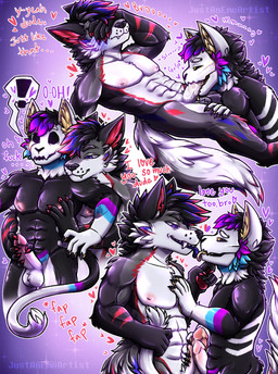 abs anthro athletic athletic_anthro athletic_male ball_tuft balls biceps black_body black_fur black_nose blue_body blue_fur blush bodily_fluids bone bro bros_being_bros circumcised dialogue duo ejaculation ejaculation_from_handjob embarrassed exclamation_point fangs fap_(sound_effect) fellatio frottage fur fur_markings genitals glowing glowing_eyes gulp_(sound_effect) hair hand_on_chest handjob handjob_from_behind heart_symbol humanoid_genitalia humanoid_penis i_love_you kissing love magenta_fur male male/male markings masculine masculine_sub muscular muscular_anthro muscular_male muscular_on_muscular nipple_fetish nipple_play nipples no_anal oral orgasm pecs penile penis penis_size_difference penises_touching pink_hair pink_nipples pink_penis profanity purple_eyes red_body red_ears red_fur romantic saliva sex skull skull_head slim surprised teeth tongue_on_penis tongue_on_tongue tuft white_body white_fur yellow_ears yellow_eyes justanemoartist ember_da_wolfy vandal_ossyx canid canine canis domestic_cat felid feline felis mammal wolf hi_res sketch_page