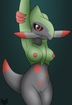 anthro areola black_sclera breasts dipstick_tail female genitals gradient_background green_breasts hand_on_elbow looking_at_viewer markings navel nipples nude pokemorph pussy raised_arm red_eyes red_nipples red_tail_tip simple_background smile solo tail tail_markings tusks zinzoa mythology nintendo pokemon dinosaur dragon fraxure generation_5_pokemon mythological_creature mythological_scalie pokemon_(species) prehistoric_species reptile scalie hi_res