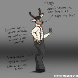 accessory anthro antlers black_hair brown_eyes caption clothing collared_shirt dress_pants dress_shirt formal_wear gesture hair hand_gesture hand_on_hip hooves horn looking_at_viewer male necktie scut_tail shirt short_tail simple_background slacks smile solo suspenders tail text tie_clip topwear unguligrade v_sign gentlemanquentin talbot_hawthorne_(gentlemanquentin) black-tailed_deer deer mammal 1:1 english_text hi_res