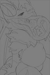 abdominal_bulge almost_fully_inside anthro blush bodily_fluids drooling head_in_mouth horn oral_vore partially_inside saliva tongue vore wings milkesheique haloren xander_(kurrikage) bat felkin mammal absurd_res hi_res monochrome