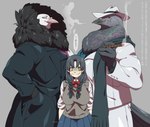 anthro big_breasts breasts cigar cigar_smoke clothing coat female gangster group male scar scarf school_uniform smoke smoking smoking_cigar text thought_bubble topwear trio uniform imkn_626 avian bird columbid human mammal pigeon japanese_text translation_request