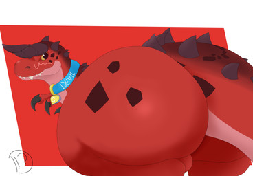 backsack balls big_butt big_tail blush butt butt_focus claws collar feral genitals horn male multicolored_body red_body red_scales scales solo tail thick_thighs two_tone_body wide_hips domiel marvel moon_girl_and_devil_dinosaur devil_dinosaur_(moon_girl_and_devil_dinosaur) dinosaur prehistoric_species reptile scalie absurd_res hi_res