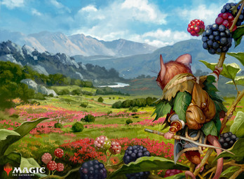 ambiguous_gender anthro berry brown_body brown_fur cloud detailed_background food forest fruit fur grass holding_object holding_stick landscape leaf_clothing mountain plant pouch_(clothing) rear_view river solo stick tail tree whiskers borja_pindado hasbro magic:_the_gathering wizards_of_the_coast mammal mouse murid murine rodent 2024 digital_media_(artwork) hi_res official_art