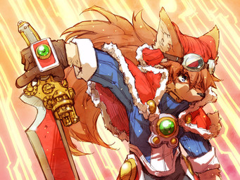 abstract_background action_pose anthro clothing furgonomic_headwear furgonomics kemono looking_aside male pose solo weapon tatotake_mono cyberconnect2 little_tail_bronx solatorobo red_savarin canid canine caninu canis domestic_dog mammal 2013 4:3 japanese_description