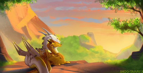 cave cuddling duo female feral folded_wings grass horn male male/female mountain plant resting sitting sunset tail white_body wings yellow_body conditional_dnp shido-tara mythology wings_of_fire sunny_(wof) dragon mythological_creature mythological_scalie sandwing_(wof) scalie hi_res